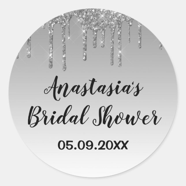 Bridal Shower Gray & Silver Glitter Drips Sparkle Classic Round Sticker (Front)