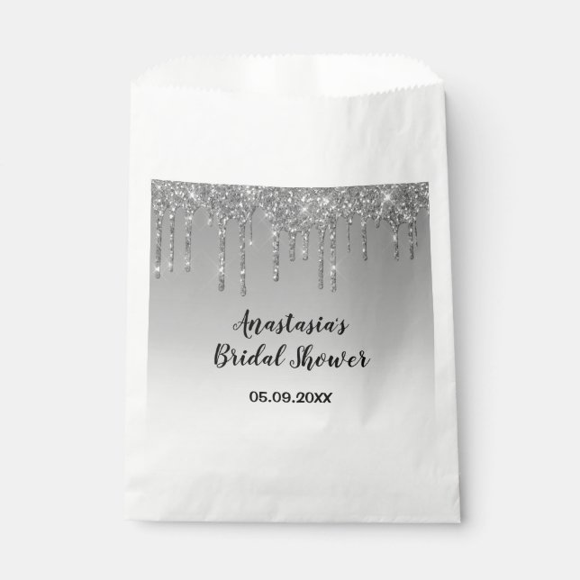 Bridal Shower Gray & Silver Glitter Drips Sparkle Favor Bag (Front)