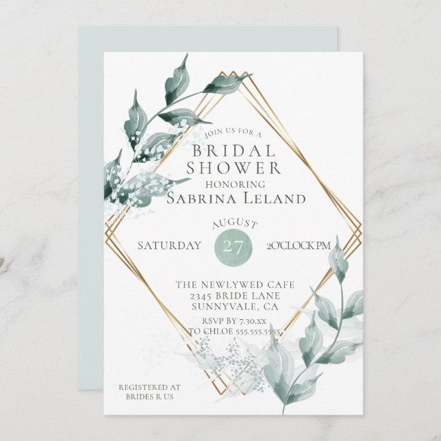 Bridal Shower | Grayed Jade Green Botanical Invitation (Front/Back)