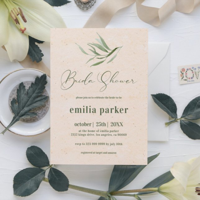 Bridal Shower Green Foliage Beige Paper Invitation (Creator Uploaded)