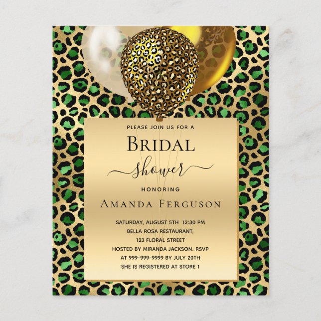 Bridal Shower green leopard budget invitation Flyer (Front)
