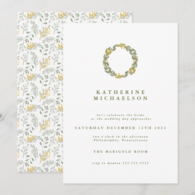 BRIDAL SHOWER | Green Watercolor Wreath Invitation (Front/Back)