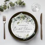Bridal Shower Greenery Elegant Eucalyptus Boho Paper Plates<br><div class="desc">Design features elegant watercolor greenery eucalyptus,  olive branches,  and other leafy elements. "Bridal Shower" is printed in a modern stylish font surrounded by a few small falling leaves.</div>