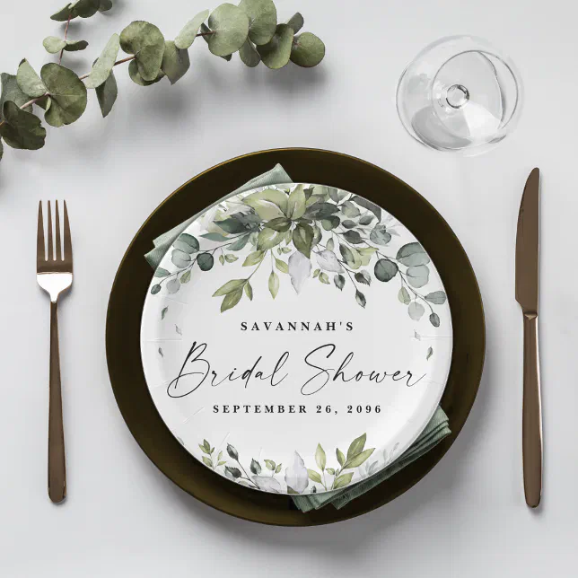 Bridal Shower Greenery Elegant Eucalyptus Boho Paper Plates Zazzle