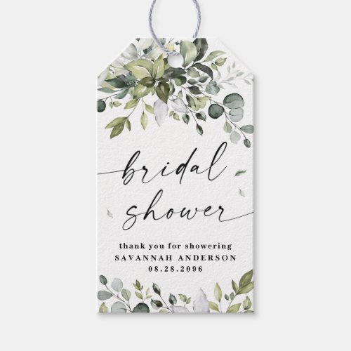 Bridal Shower Greenery Elegant Thank You Favor Gift Tags - Design features elegant watercolor greenery eucalyptus , olive branches, and other leafy elements. "Bridal shower" is printed in a modern stylish font surrounded by a few small falling leaves. The back has a matching botanical wreath design.