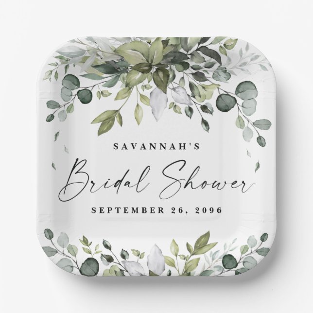 Bridal Shower Greenery Elegant Watercolor Bohemian Paper Plates (Front)
