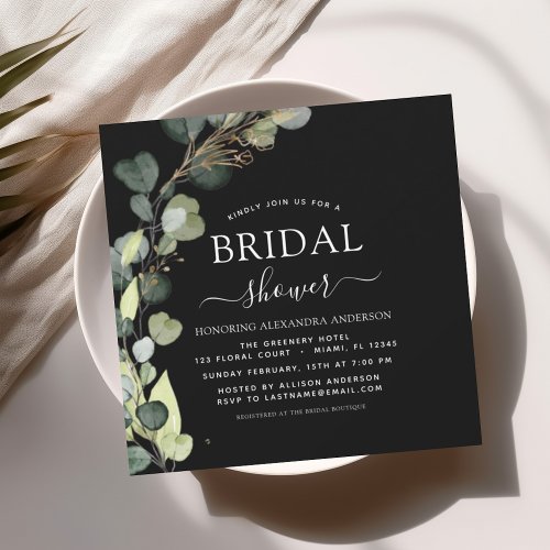Bridal Shower Greenery Eucalyptus Succulent Black Invitation