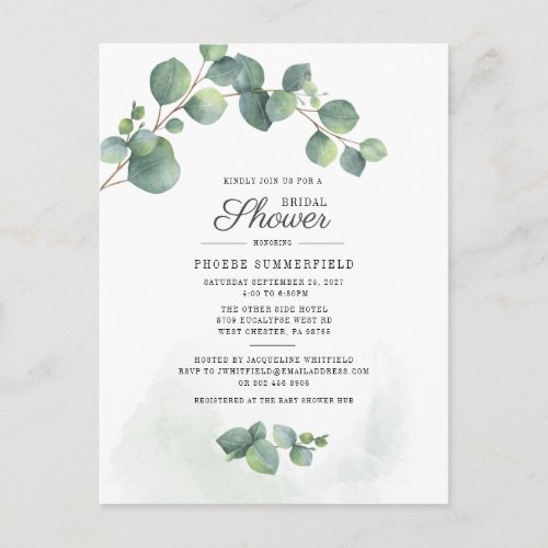 Bridal Shower Greenery Eucalyptus Watercolor Invitation Postcard