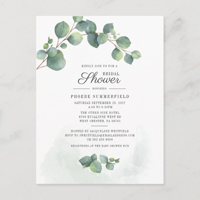 Bridal Shower Greenery Eucalyptus Watercolor Invitation Postcard (Front)