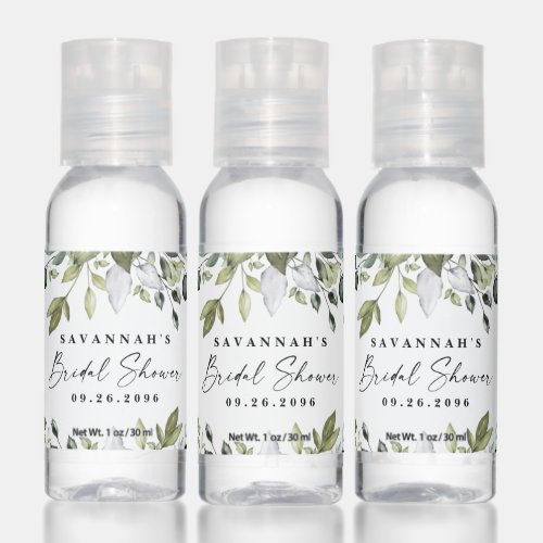 Bridal Shower Greenery Favors Elegant Boho Leaves Hand Sanitizer - Design features elegant watercolor greenery eucalyptus, olive branches, and other leafy elements. "Bridal Shower" is printed in a modern stylish font surrounded by a few small falling leaves.