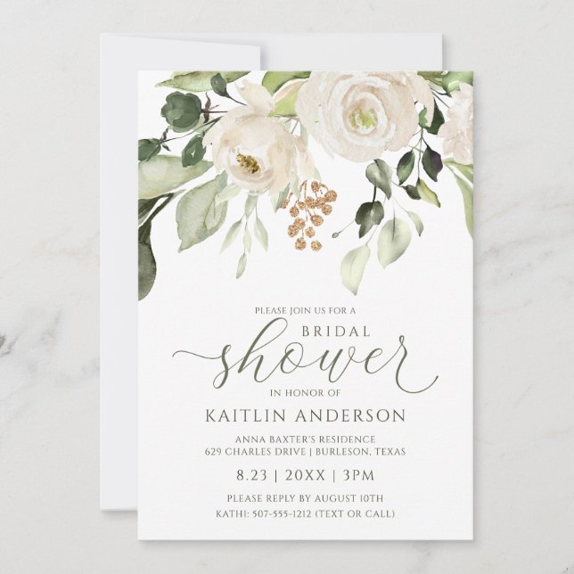 Bridal Shower Greenery Foliage White Watercolor Invitation (Front)