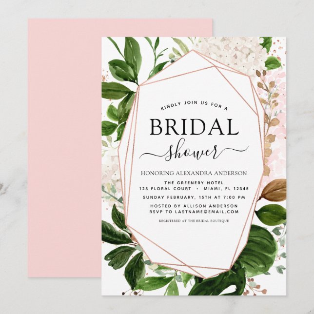 Bridal Shower Greenery Rose Gold Geometric Invitation (Front/Back)