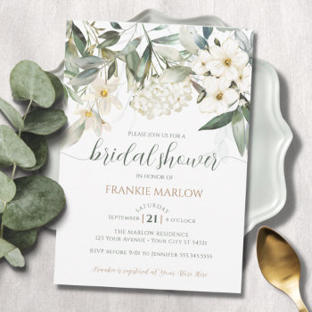 Bridal Shower Greenery White Floral Watercolor Invitation by frankie_and_marlow at Zazzle