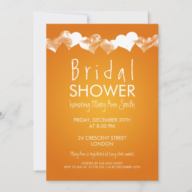 Bridal Shower Grunge Hearts Orange Invitation (Front)