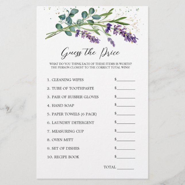 Bridal Shower Guess Price Game Lavender Eucalyptus Stationery (Front)