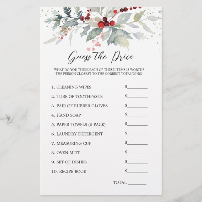 Bridal Shower Guess Price Winter Berries Foliage Stationery (Front)