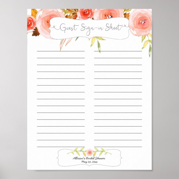 Bridal Shower Guest Sign In Sheet / blush floral | Zazzle.com