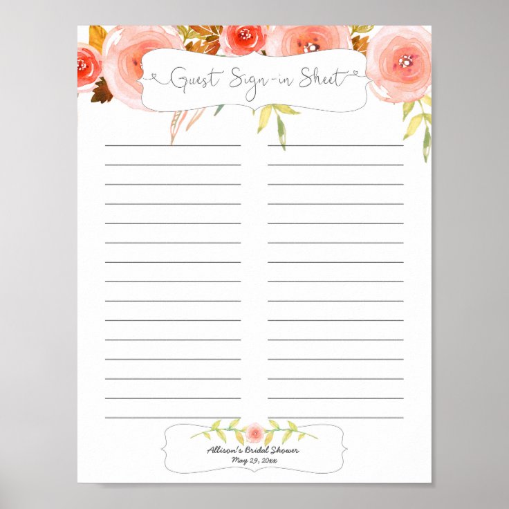 Bridal Shower Guest Sign In Sheet / blush floral | Zazzle