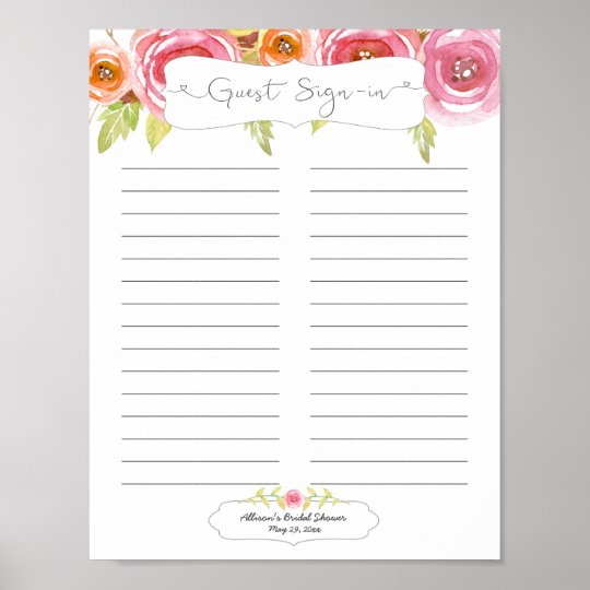 Bridal Shower Guest Sign In Sheet pink floral 3605 | Zazzle.com