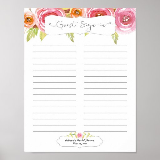 Bridal Shower Guest Sign In Sheet / pink floral Poster | Zazzle