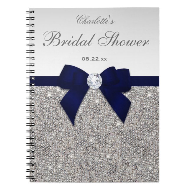 Bridal Shower Guestbook Faux Sequins Navy Bow Notebook (Front)
