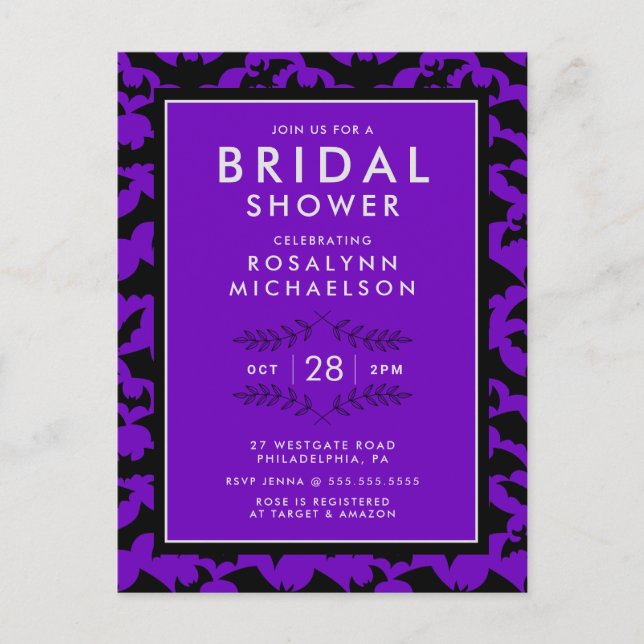 BRIDAL SHOWER | Halloween Purple Bat Pattern Postcard (Front)