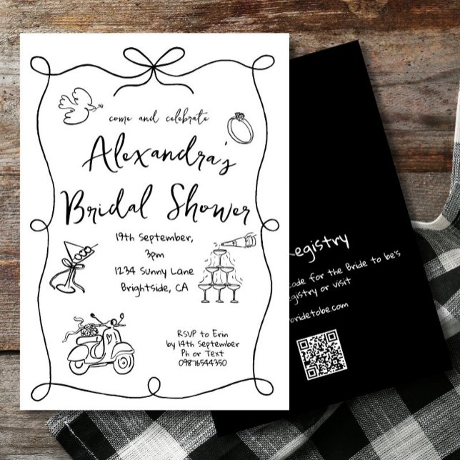 Bridal Shower Hand Drawn Black White Whimsical Invitation (Creator Uploaded)