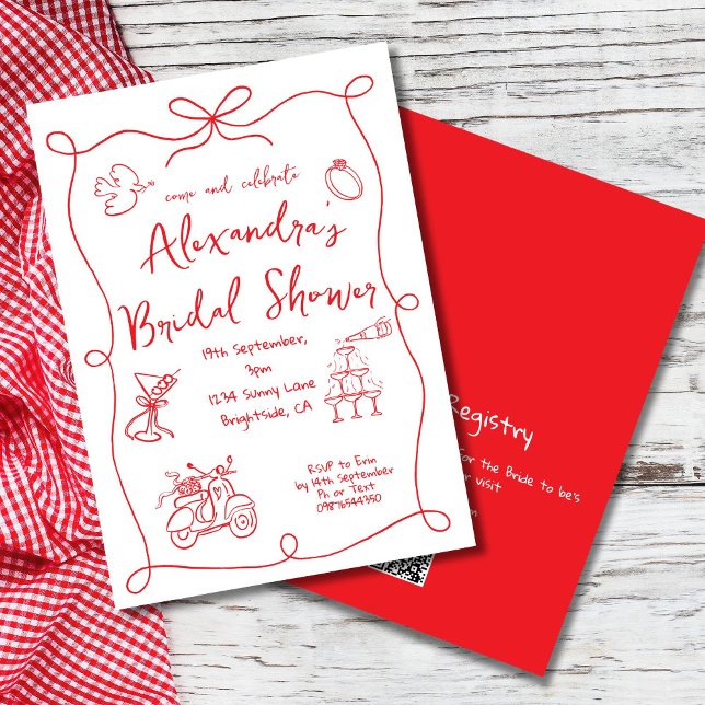 Bridal Shower Hand Drawn Red White Whimsical Invitation (Creator Uploaded)