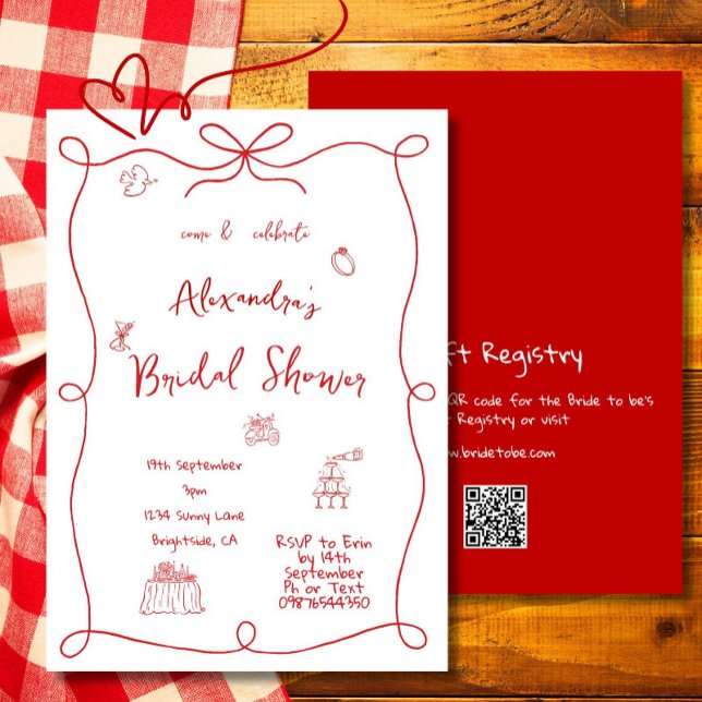 Bridal Shower Handwritten Red White  Invitation (Creator Uploaded)