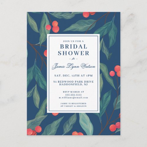 Bridal Shower  Holiday Holly  Berries Postcard