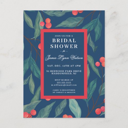 Bridal Shower  Holiday Holly  Berries Postcard