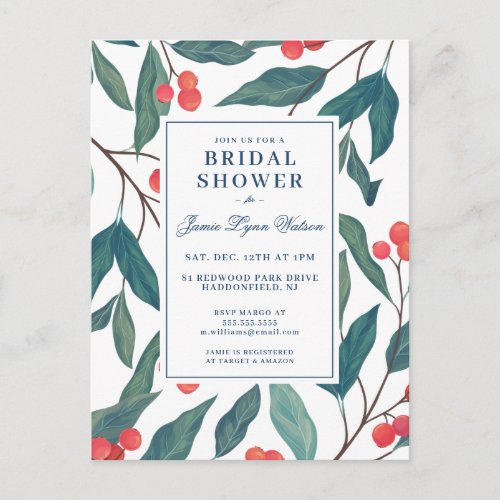 Bridal Shower  Holiday Holly  Berries Postcard