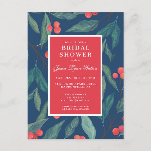 Bridal Shower  Holiday Holly  Berries Postcard