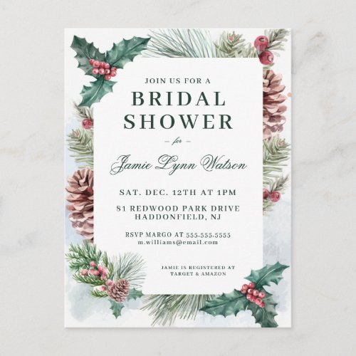 Bridal Shower  Holiday Holly  Pine Cones Postcard