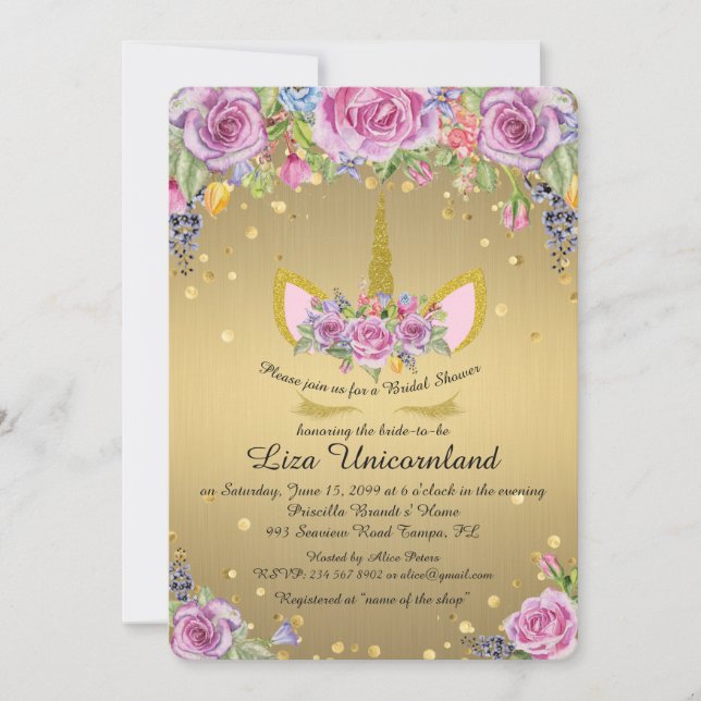 Bridal Shower Honoring, unicorn,metal gold,flowers Invitation (Front)