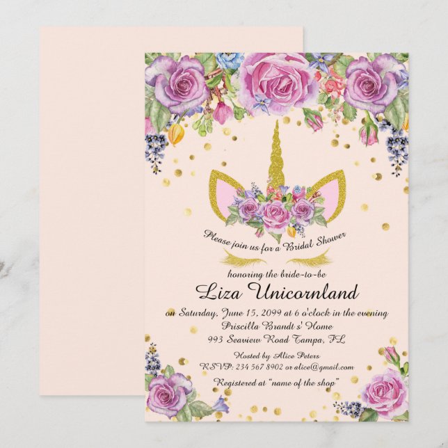 Bridal Shower Honoring, unicorn,pink,flowers Invitation (Front/Back)