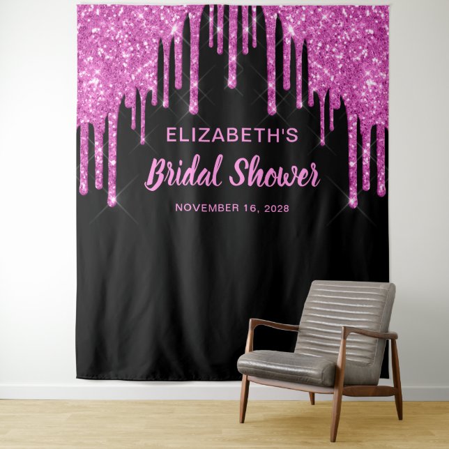 Bridal Shower Hot Pink Glitter Personalized Black Tapestry (In Situ)