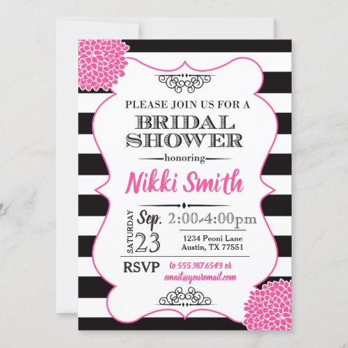 Bridal Shower Hot Pink Peony Black White Stripes Invitation