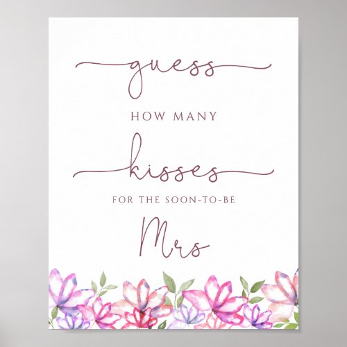 Bridal Shower How Many Kisses Game Pink Greenery   Poster