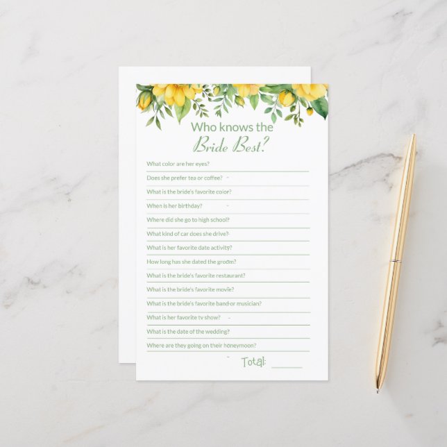 Bridal Shower How well do you know Game Card (Front/Back In Situ)