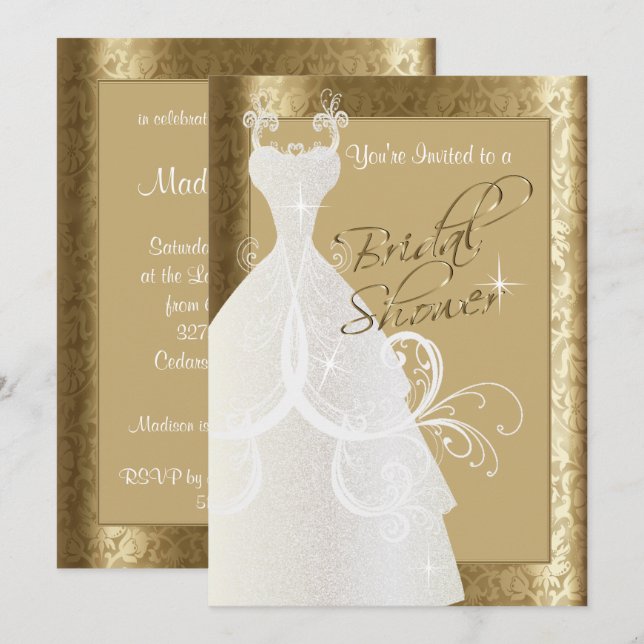 Bridal Shower in Antique Gold Damask Invitation (Front/Back)