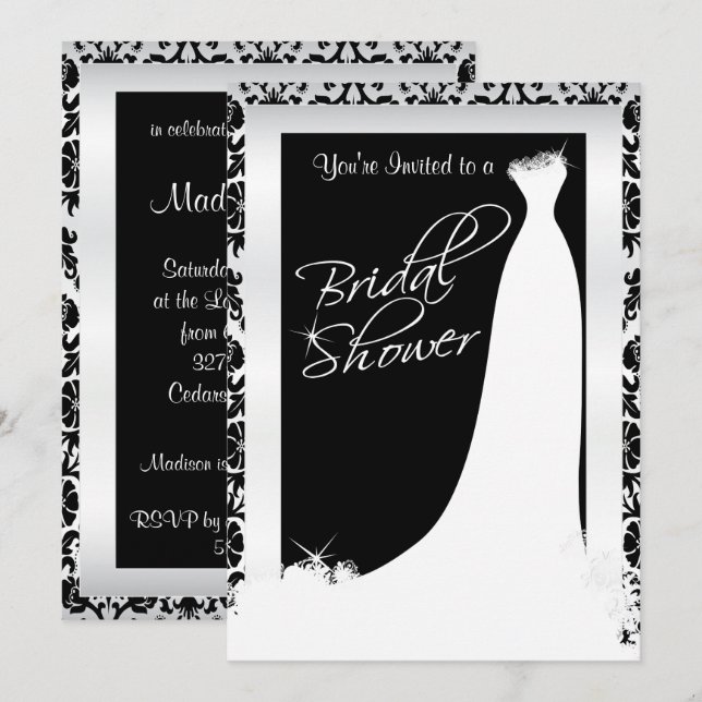 Bridal Shower in Black and White Damask Invitation (Front/Back)