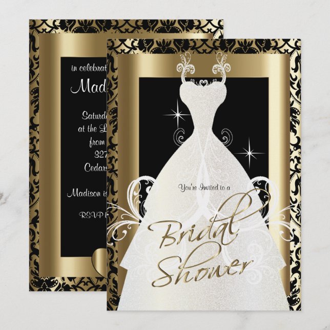 Bridal Shower in Black Damask & Metallic Gold Invitation (Front/Back)