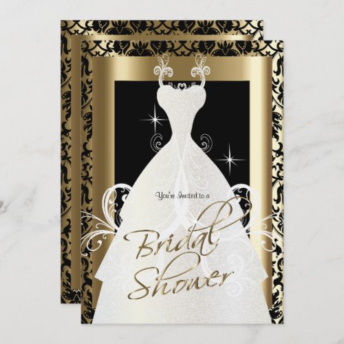 Bridal Shower in Black Damask  Metallic Gold Invitation