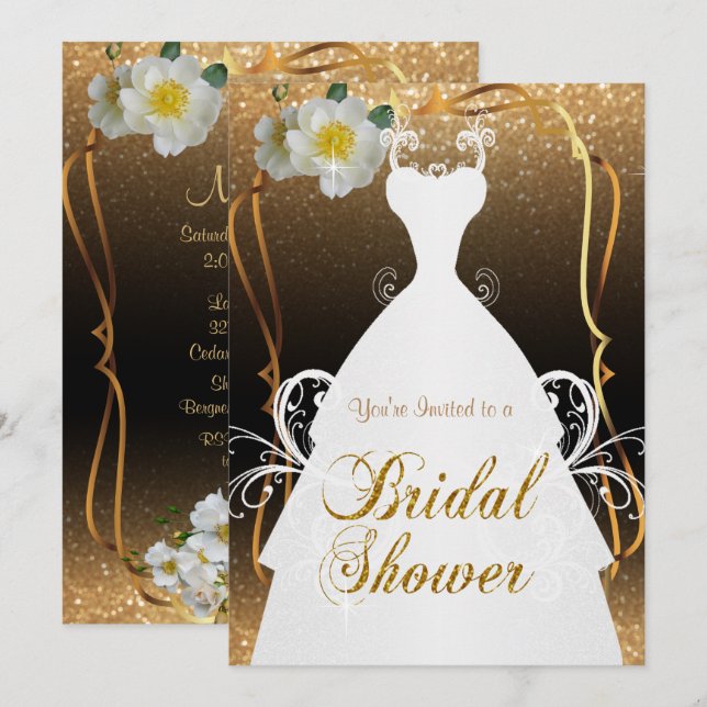 Bridal Shower in Gold Glitter and White Flowers Invitation (Front/Back)