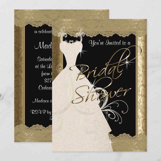 Bridal Shower in Metallic Antique Gold & Lace Invitation (Front/Back)