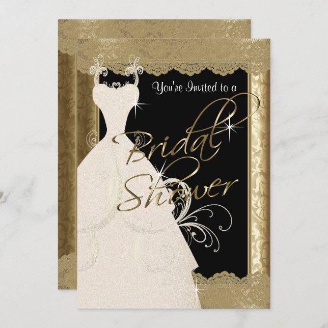 Bridal Shower in Metallic Antique Gold & Lace Invitation (Front/Back)