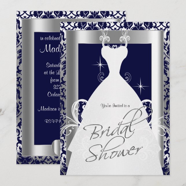 Bridal Shower in Navy Blue 2 Damask and Silver Invitation (Front/Back)