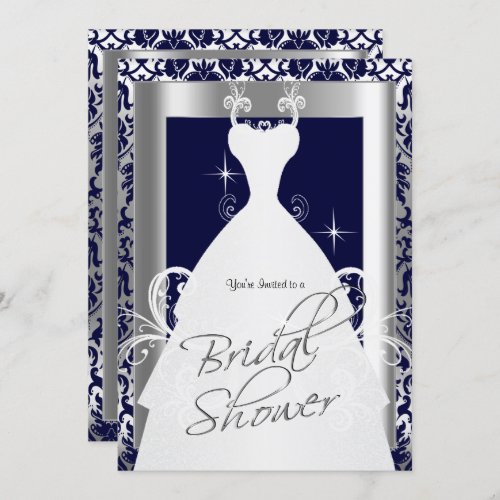 Bridal Shower in Navy Blue 2 Damask and Silver Invitation
