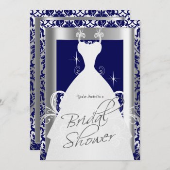 Bridal Shower In Navy Blue Damask And Silver Invitation by DesignsbyDonnaSiggy at Zazzle